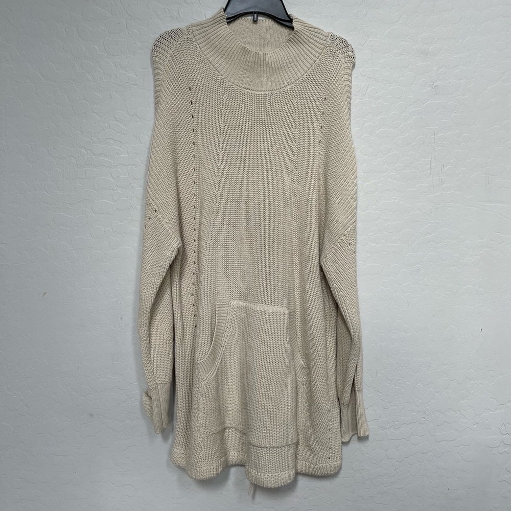RDI Tunic Sweater Womens Large Mock Neck Kangaroo Pocket Ribbed Beige NWT large